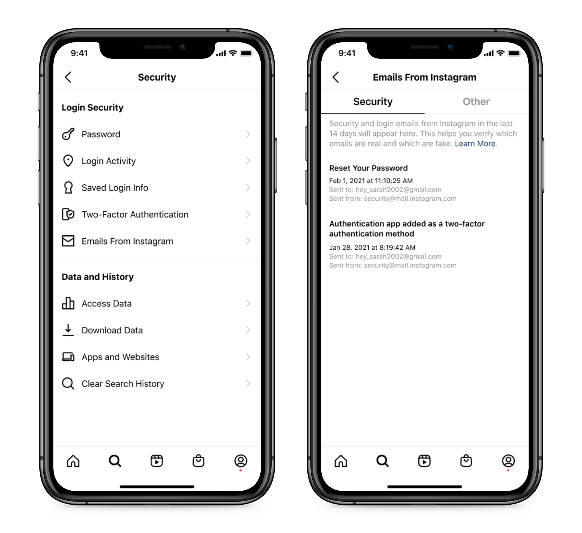 Screenshot of Instagram security settings